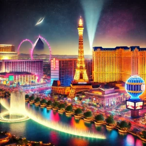 iconic image of Las Vegas, Nevada, featuring the vibrant lights and famous landmarks of the Las Vegas Strip