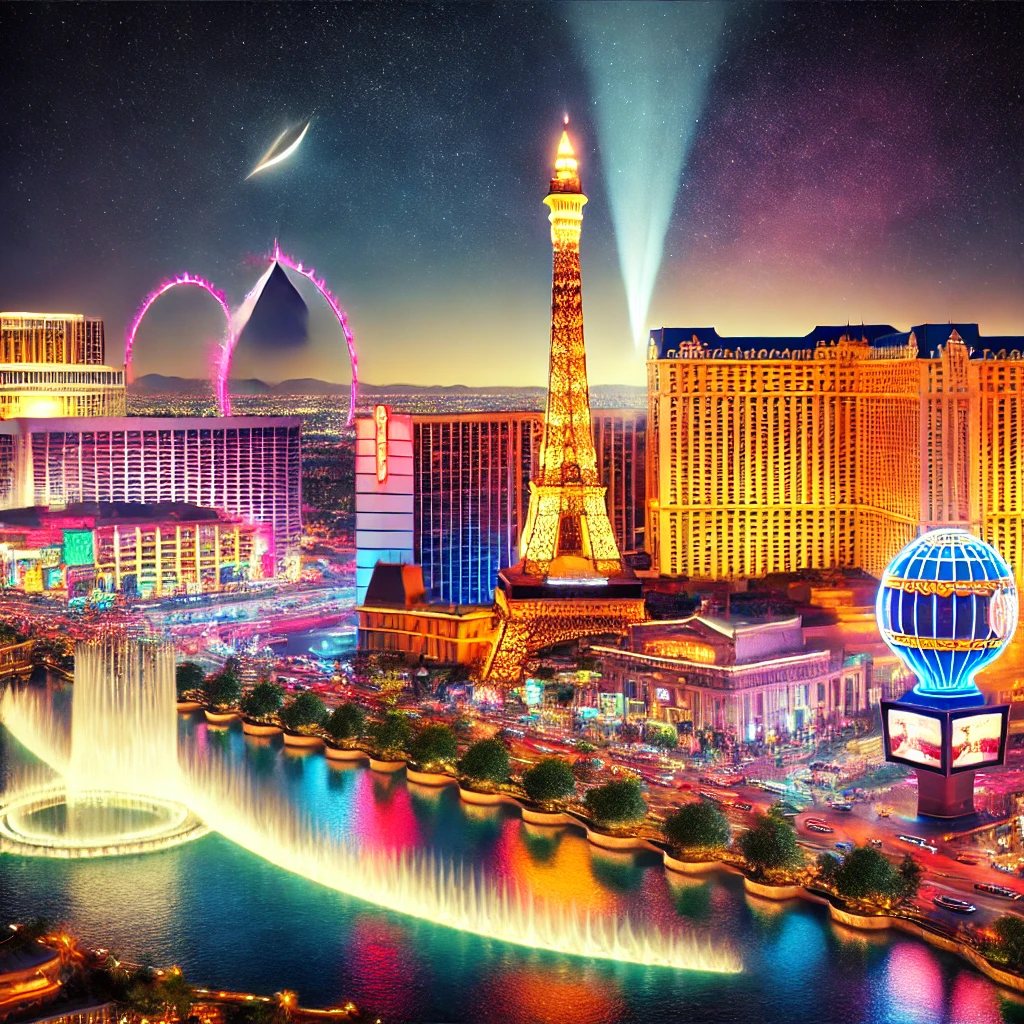 iconic image of Las Vegas, Nevada, featuring the vibrant lights and famous landmarks of the Las Vegas Strip